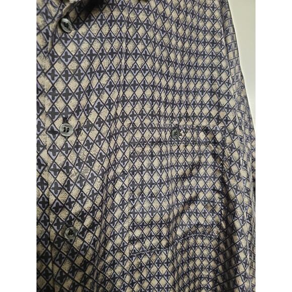 Bruno B Short Sleeve 100% Silk Dress Shirt Mens Size XL Blue Tan Pattern Office - Picture 2 of 5